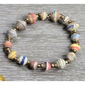 Multicolor Paper Bead Stretch Bracelet Handmade Style Gold Tone Spacer Beads